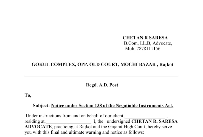 draft a professional legal notice for cheque bounce